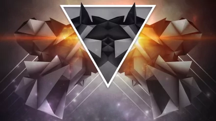 Abstract 3D CGI artwork featuring geometric shapes and facets, with a mirrored triangular design and vibrant light effects, creating a striking desktop wallpaper aesthetic.
