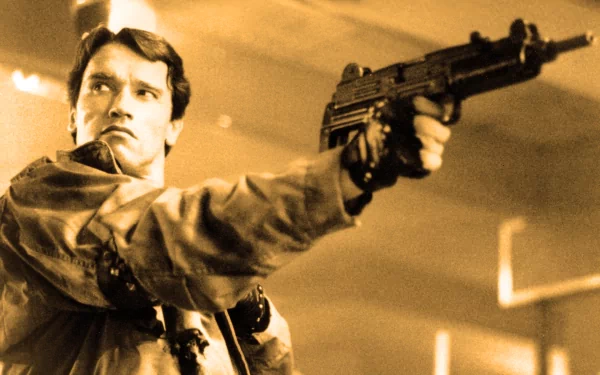 An HD desktop wallpaper featuring an iconic scene from The Terminator, showcasing a determined character aiming a gun in a tense moment.