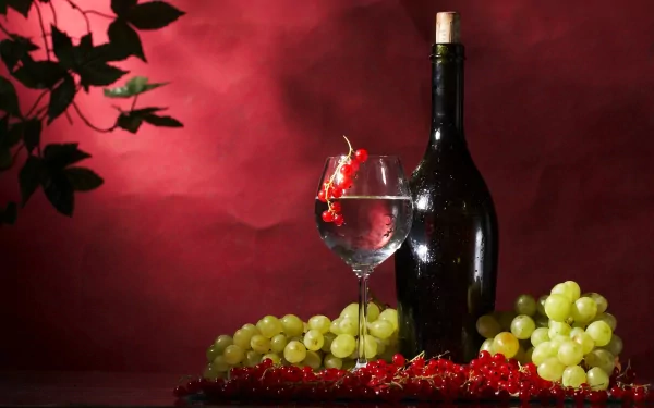 A captivating HD wallpaper featuring a bottle of wine, a filled glass adorned with grapes, and a vibrant arrangement of green and red fruits, set against a rich, red background.