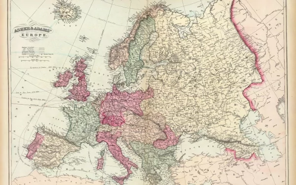 4K Ultra HD PC desktop wallpaper and background: vintage colored map of Europe showing detailed political boundaries, coastlines and an aged paper texture.