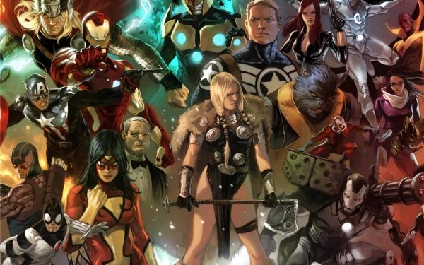 HD PC desktop wallpaper collage featuring Marvel characters Beast, Nova, Spider-Woman, Hawkeye, Captain America, Iron Man, and Thor in dynamic comic-style art.