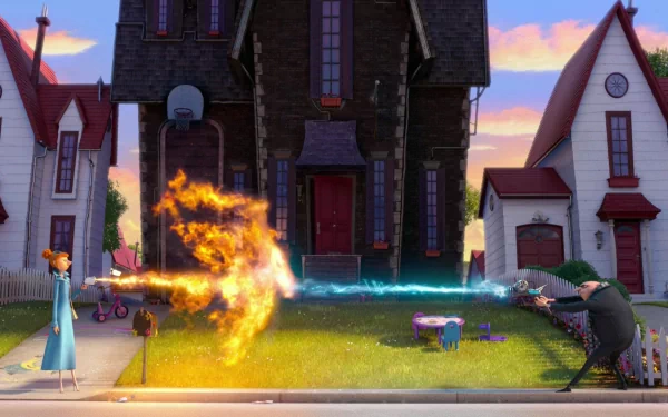 HD PC desktop wallpaper from Despicable Me 2 featuring Lucy and Gru using their powers in front of a suburban house during sunset.
