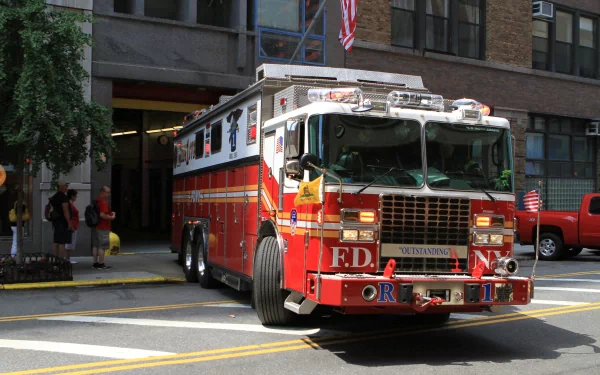 A vibrant 4K Ultra HD desktop wallpaper featuring a red fire engine parked outside a fire station on a city street.