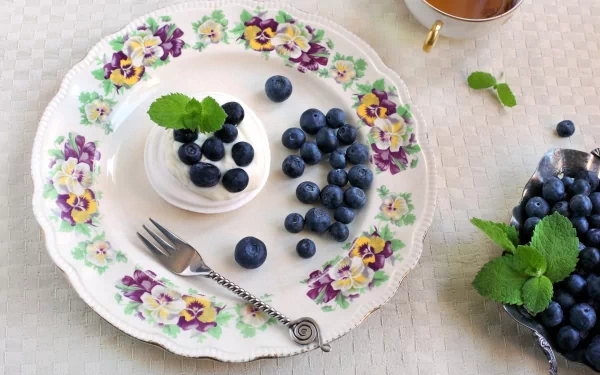 HD desktop wallpaper featuring a delicate plate with fresh blueberries and a garnish of mint, highlighting vibrant food colors and textures.