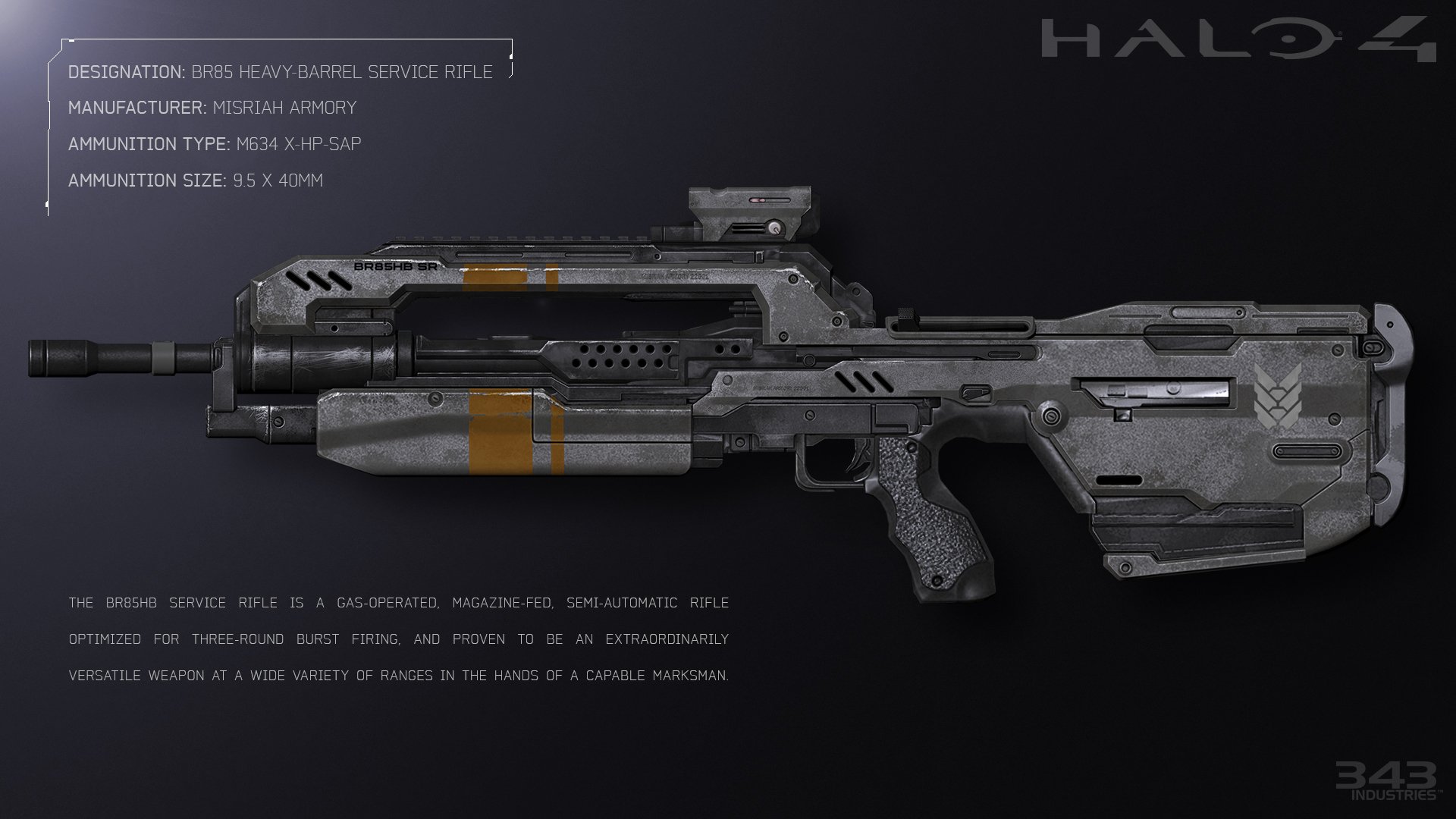 HD PC desktop wallpaper featuring a detailed sci-fi weapon from the video game Halo 4, showcasing futuristic design and sleek metallic textures.