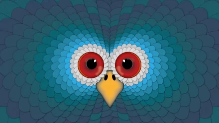 HD PC desktop wallpaper featuring a stylized owl face with large red eyes and a yellow beak, composed of layered blue and teal feather-like patterns.
