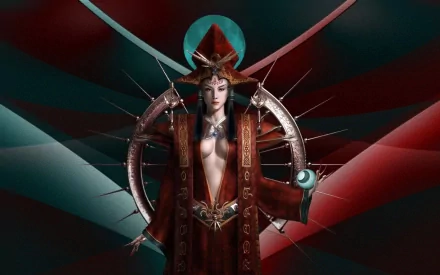 HD PC desktop wallpaper of a Project A3 video game character: a crowned, red-robed sorceress with a spiked halo and glowing orb, set against stylized teal and crimson abstract background.