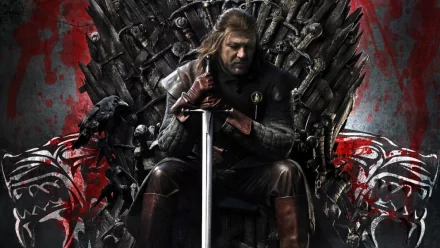 Eddard Stark from the Game of Thrones TV show sits on the Iron Throne gripping his sword, brooding amid blood-splattered dark tones — HD desktop wallpaper/background.