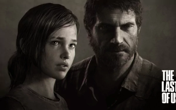 HD desktop wallpaper of The Last of Us featuring a close-up of two protagonists, a young girl and an older man, in a somber mood. The game's logo is displayed in the bottom right corner.