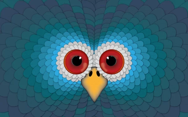 HD PC desktop wallpaper featuring a stylized owl face with large red eyes and a yellow beak, composed of layered blue and teal feather-like patterns.