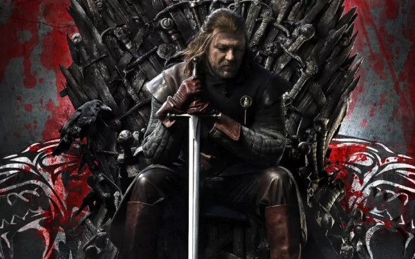 Eddard Stark from the Game of Thrones TV show sits on the Iron Throne gripping his sword, brooding amid blood-splattered dark tones — HD desktop wallpaper/background.