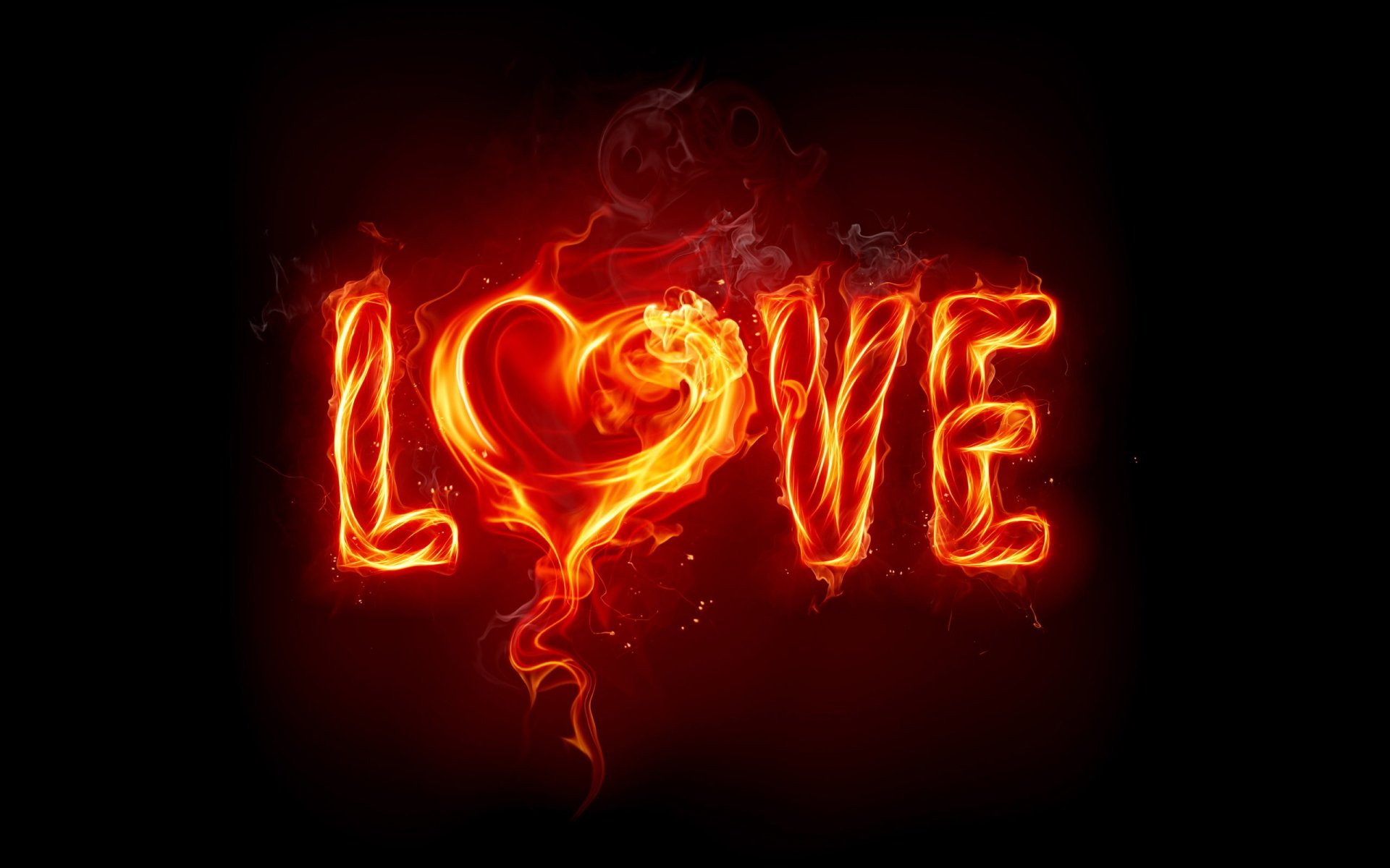 An artistic HD wallpaper featuring the word LOVE rendered in vibrant flames, creating a passionate and mesmerizing background.