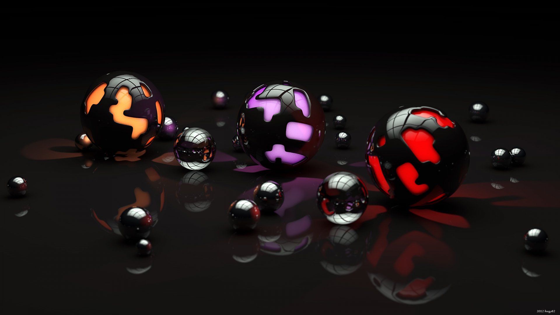 A striking 3D art composition featuring black spheres and reflective orbs, enhanced with vibrant orange and purple designs, designed as an HD desktop wallpaper.