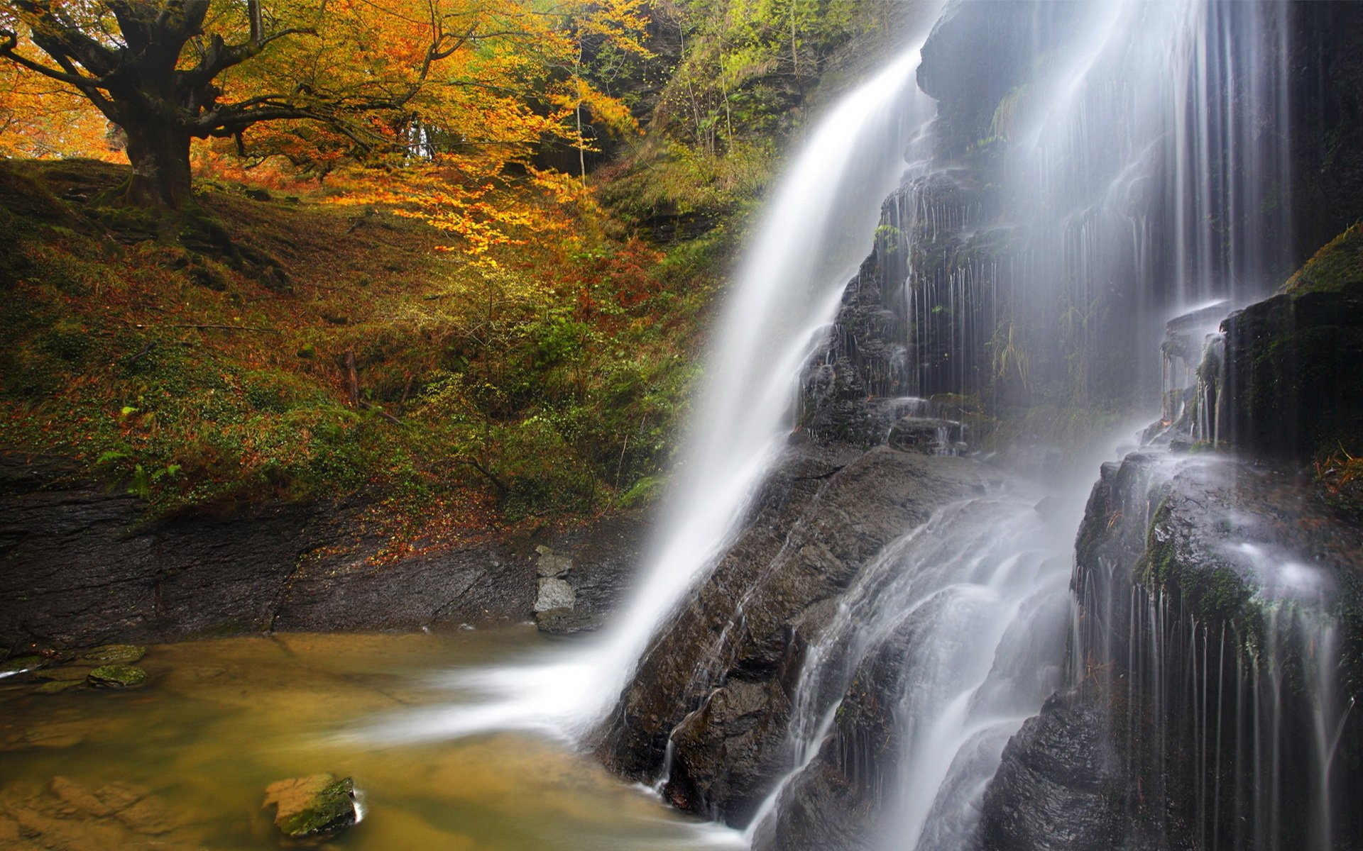 HD PC desktop wallpaper featuring a serene waterfall cascading over rocks surrounded by autumn trees in a vibrant natural landscape.