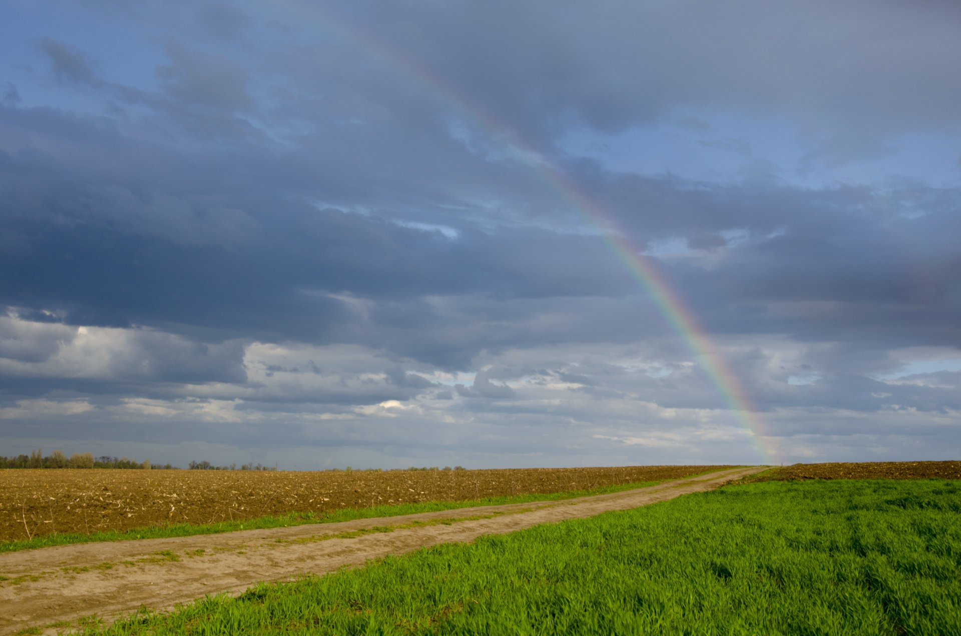 A vibrant rainbow arcs over a rural dirt road between green and brown fields under a cloudy sky, captured in 4K Ultra HD as a nature desktop wallpaper.