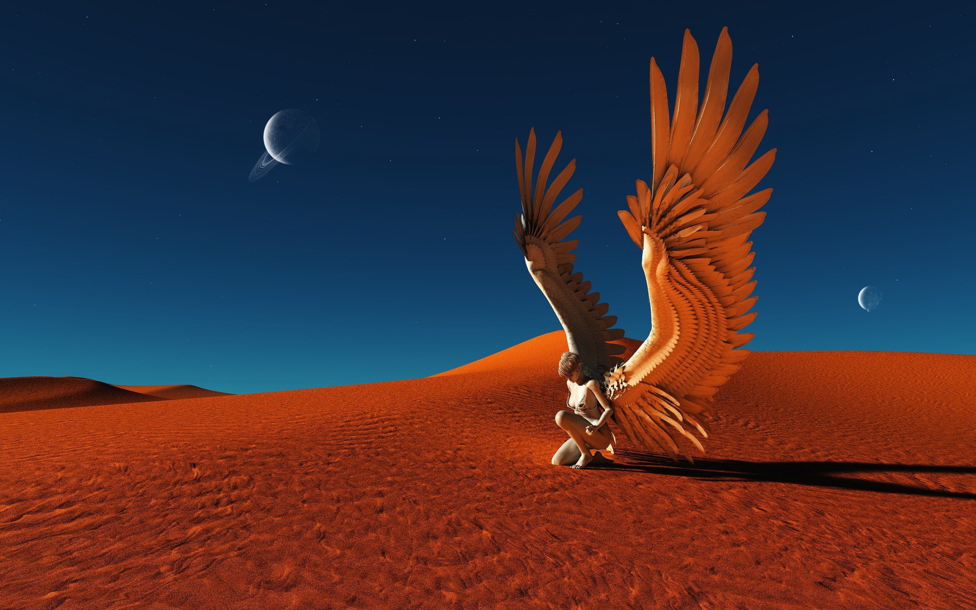 Fantasy-themed HD PC desktop wallpaper featuring a majestic angel with large wings kneeling on a vast red desert under a dark sky with two crescent moons.