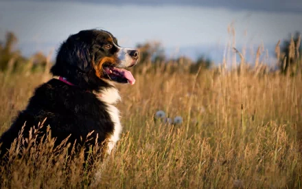 A Bernese Mountain Dog sits in a sunlit field of tall grass, captured in this HD desktop wallpaper showcasing the Sennenhund breed's calm and majestic nature.