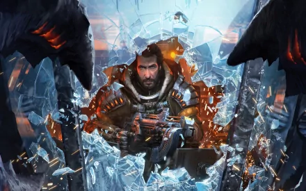 HD desktop wallpaper featuring a Lost Planet 3 theme, with a rugged character encased in ice and alien creatures looming.