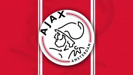 HD PC desktop wallpaper featuring the AFC Ajax logo on a red background with white vertical stripes, representing the iconic sports club from Amsterdam.