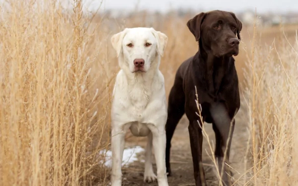 HD desktop wallpaper featuring two Labrador Retrievers, one white and one brown, standing in a field of tall, dry grass.