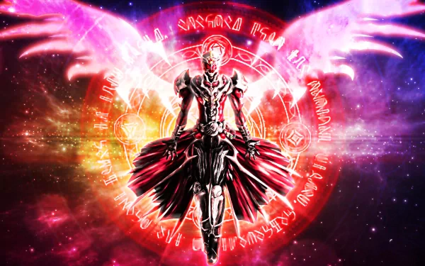 HD wallpaper featuring a Kamen Rider character with mystical symbols and glowing wings against a cosmic background, tagged as a TV show scene.