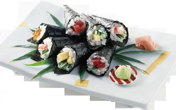 HD PC desktop wallpaper showing an artistic arrangement of fresh sushi hand rolls on a white plate with wasabi and pickled ginger.