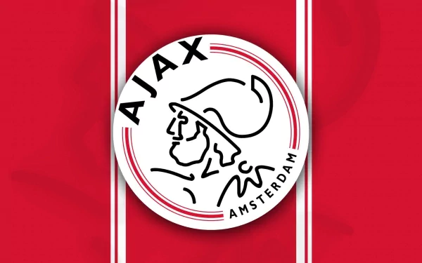 HD PC desktop wallpaper featuring the AFC Ajax logo on a red background with white vertical stripes, representing the iconic sports club from Amsterdam.