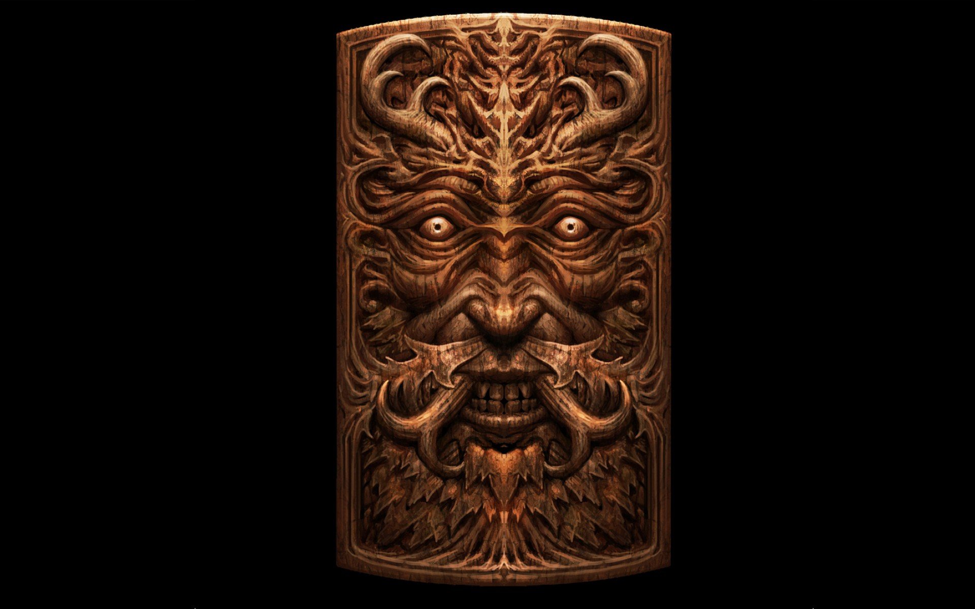 HD PC desktop wallpaper featuring a detailed, eerie wooden carving of a demonic face from the video game Dark Souls II.