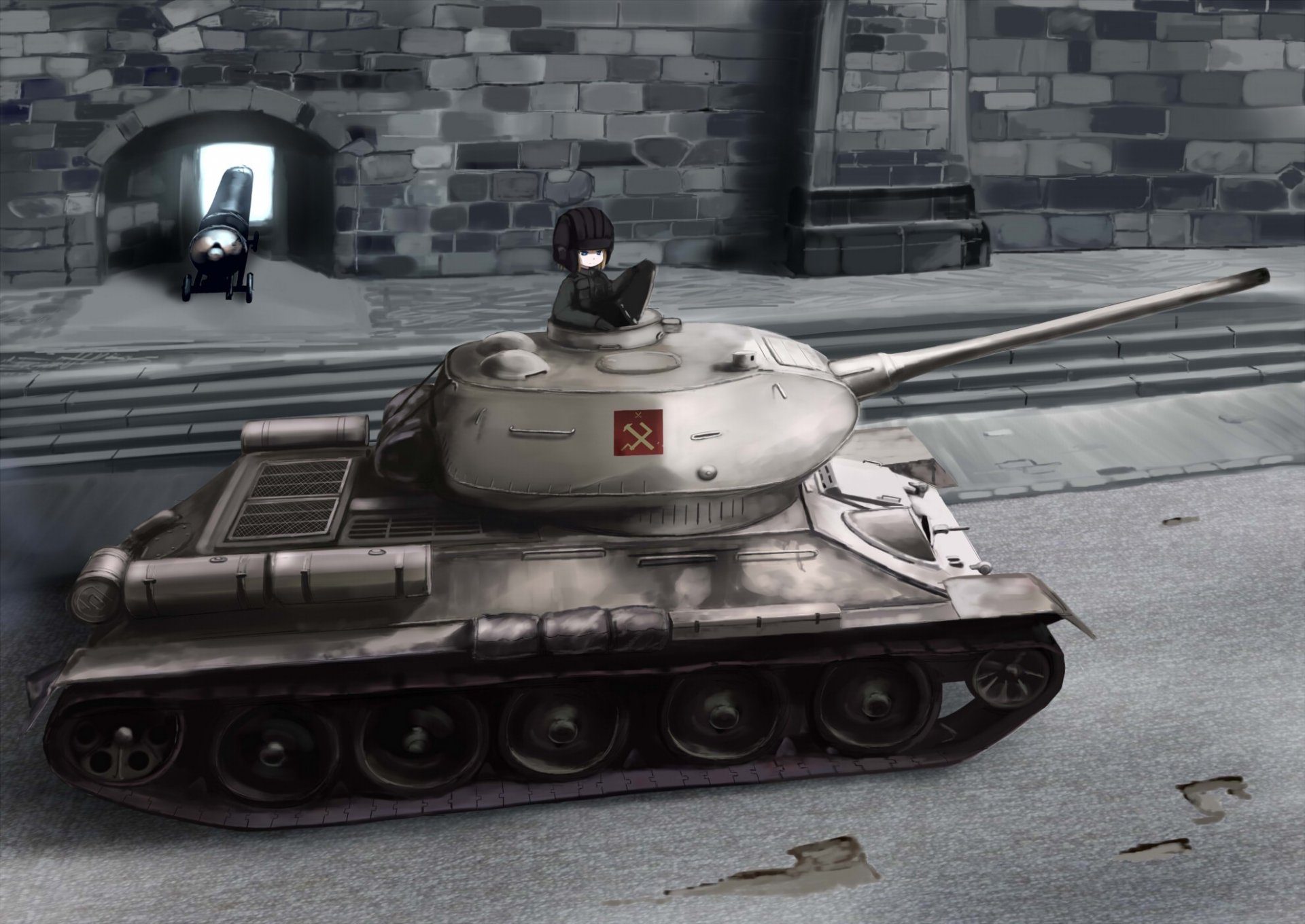 HD desktop wallpaper featuring a Girls und Panzer anime scene with a detailed tank and a character sitting on top in a stone courtyard setting.