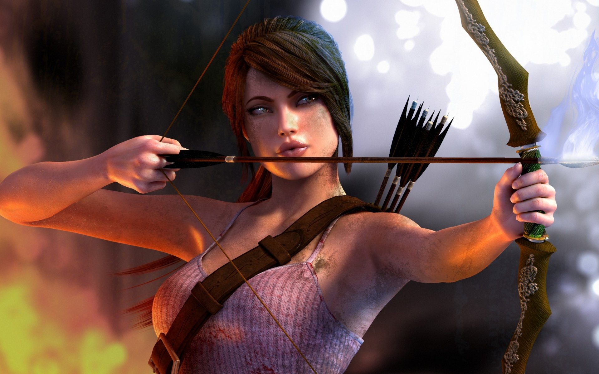 A dynamic HD desktop wallpaper featuring a female character from the video game Tomb Raider, poised to shoot an arrow with a bow, surrounded by a vibrant, adventurous backdrop.