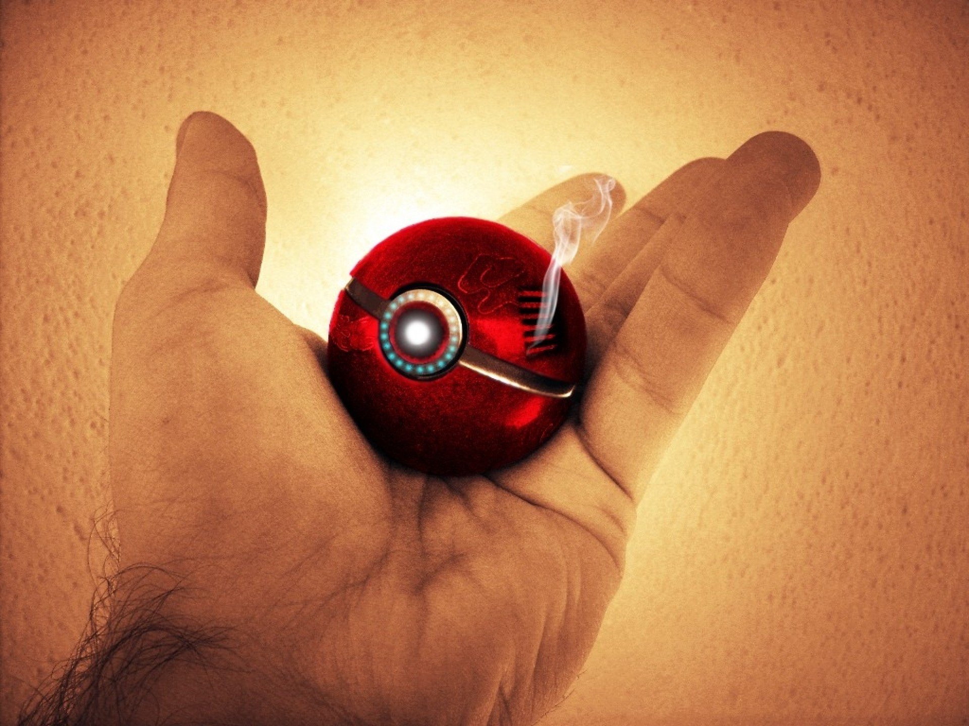 A vibrant Pokéball rests in an outstretched hand, emitting a whimsical smoke effect, embodying the spirit of the Pokémon video game series. High-definition desktop wallpaper.