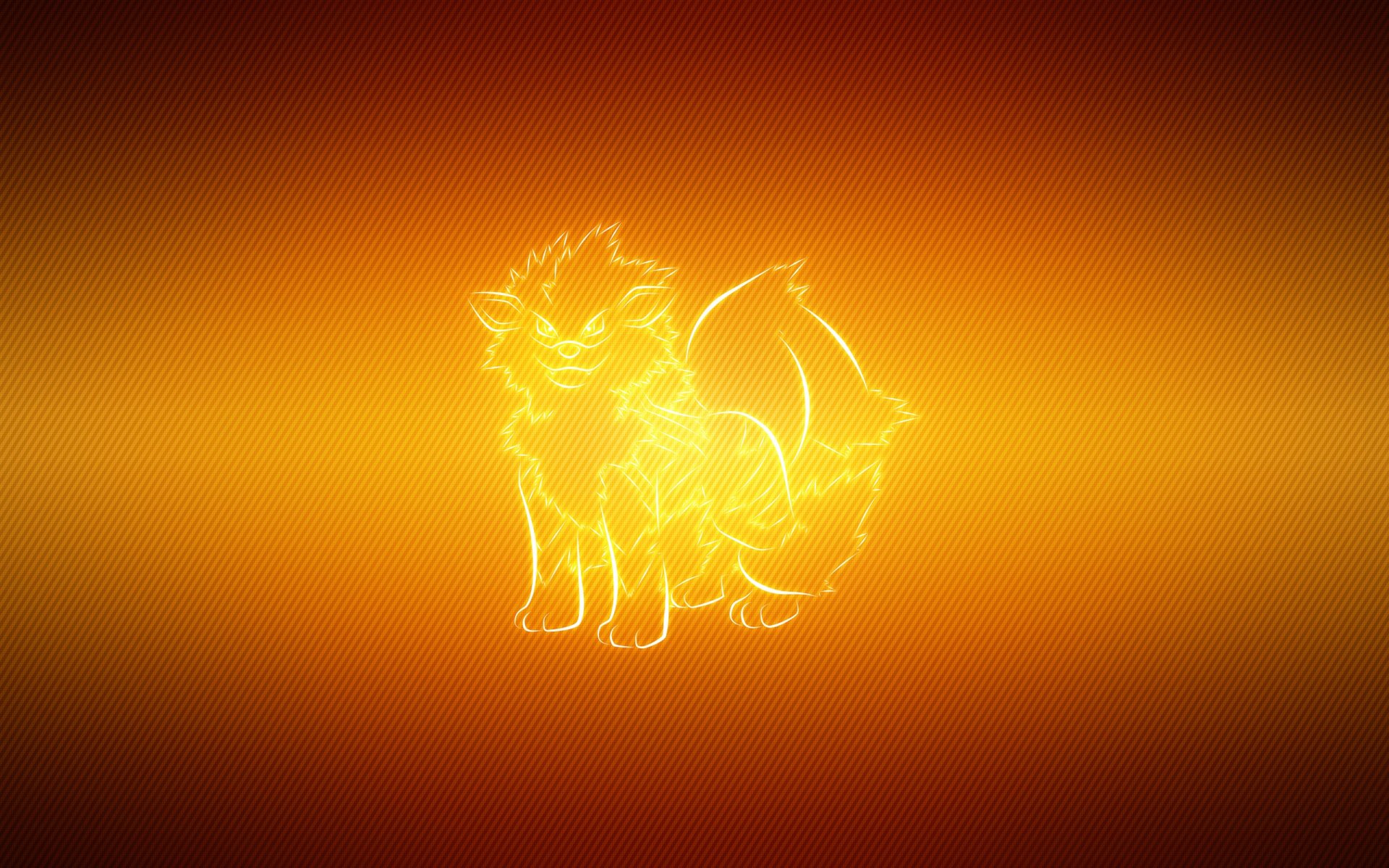 Neon-golden Arcanine silhouette (fire Pokémon) centered on a warm orange gradient — 2K Quad HD PC desktop wallpaper inspired by the Pokémon video game.