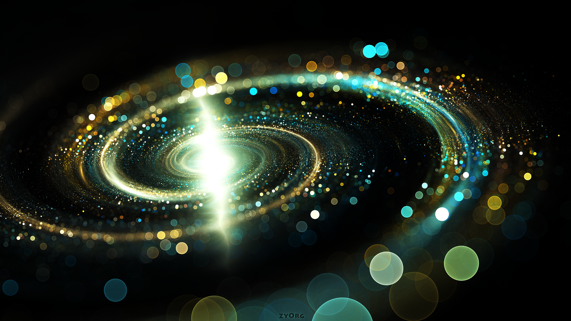 HD desktop wallpaper featuring an artistic representation of a glittering galaxy in a circular formation with twinkling stars and light effects.