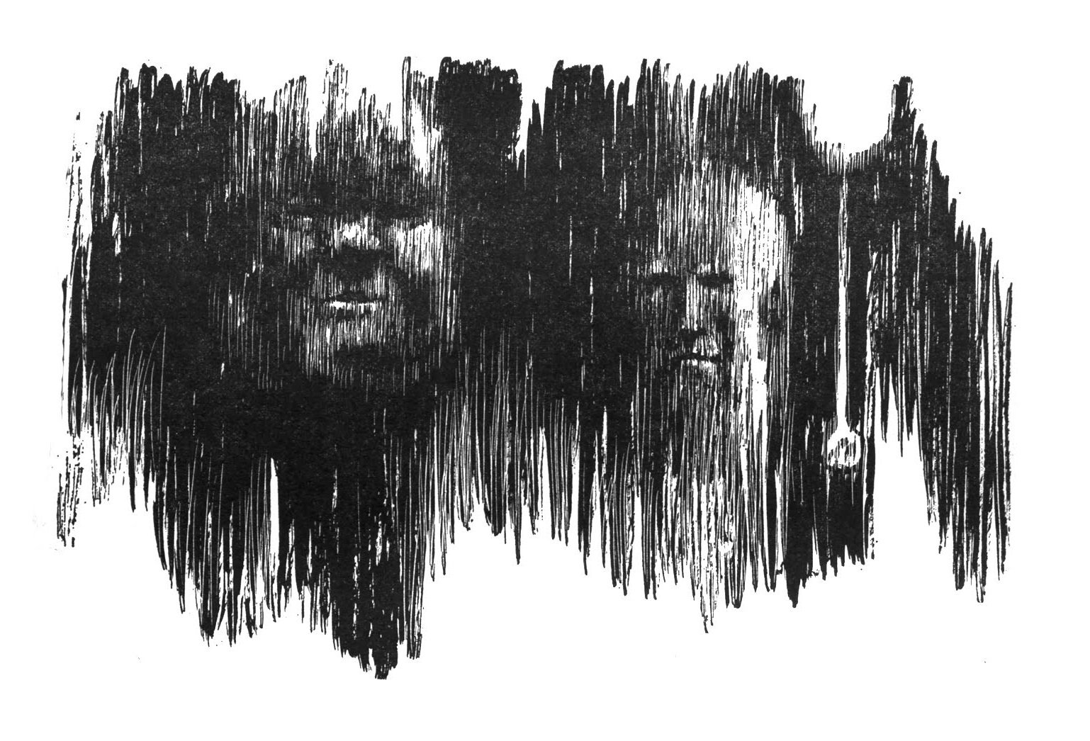 HD PC desktop wallpaper featuring a dark, abstract sci-fi design inspired by Dune, with textured vertical strokes and shadowed faces emerging from the background.