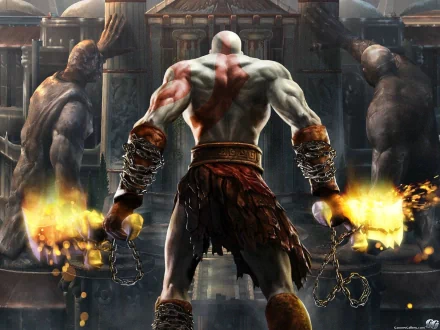 HD desktop wallpaper featuring Kratos from the video game God of War II, showcasing him armed with the Blades of Chaos, standing boldly with flames in his hands, in front of ancient statues.