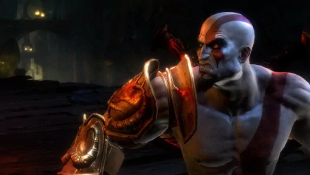 High-definition desktop wallpaper featuring Kratos from God of War III, showcasing his intense expression and intricate armor details in a dark, atmospheric setting.