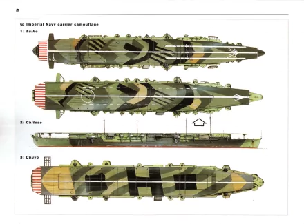 Detailed illustration of three Imperial Japanese Navy aircraft carriers: Zuiho, Chitose, and Chuyo, showcasing their unique camouflage patterns and military design. 