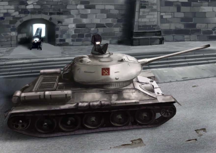 HD desktop wallpaper featuring a Girls und Panzer anime scene with a detailed tank and a character sitting on top in a stone courtyard setting.