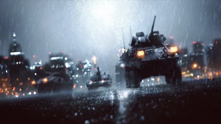 A dramatic HD wallpaper from Battlefield 4 depicts military tanks advancing through a rain-soaked battlefield, illuminated by distant city lights.
