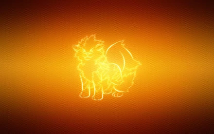 Neon-golden Arcanine silhouette (fire Pokémon) centered on a warm orange gradient — 2K Quad HD PC desktop wallpaper inspired by the Pokémon video game.