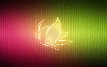 Glowing Celebi (Pokémon) outline floats on a pink-to-green halftone gradient — 2K Quad HD PC desktop wallpaper background for the Pokémon video game.