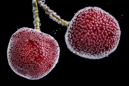 Close-up HD PC desktop wallpaper showing two cherries covered in tiny water bubbles against a black background.
