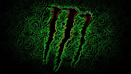 A striking HD wallpaper featuring the iconic Monster Energy logo, set against an ornate green background with a dynamic, textured design.