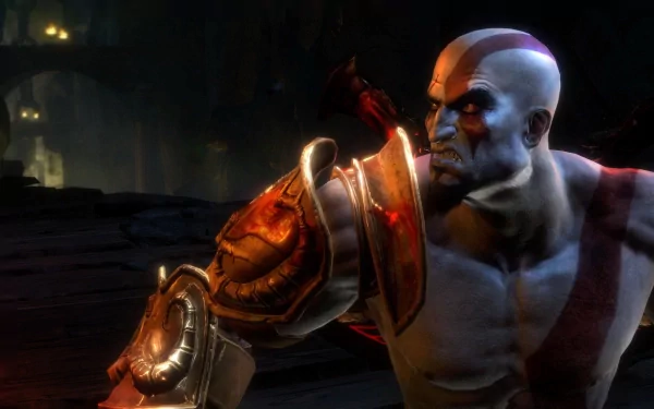 High-definition desktop wallpaper featuring Kratos from God of War III, showcasing his intense expression and intricate armor details in a dark, atmospheric setting.
