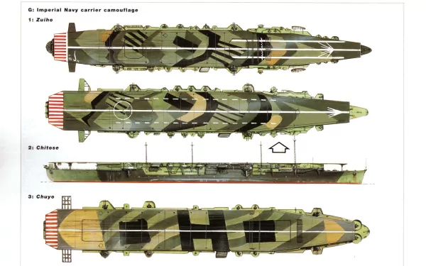 Detailed illustration of three Imperial Japanese Navy aircraft carriers: Zuiho, Chitose, and Chuyo, showcasing their unique camouflage patterns and military design. 