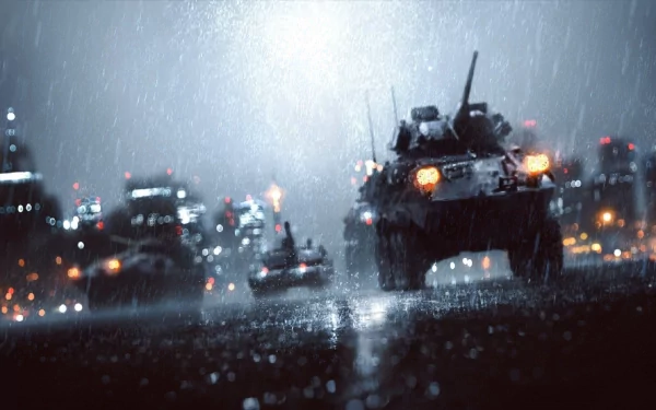 A dramatic HD wallpaper from Battlefield 4 depicts military tanks advancing through a rain-soaked battlefield, illuminated by distant city lights.
