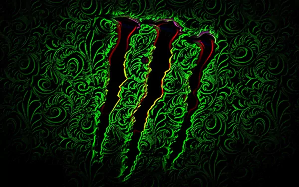 A striking HD wallpaper featuring the iconic Monster Energy logo, set against an ornate green background with a dynamic, textured design.