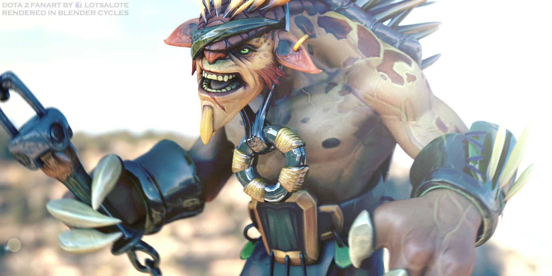 HD PC desktop wallpaper from the video game DotA 2: a snarling troll-like hero, muscular and armored with chains and tribal ornaments against a sunlit backdrop.