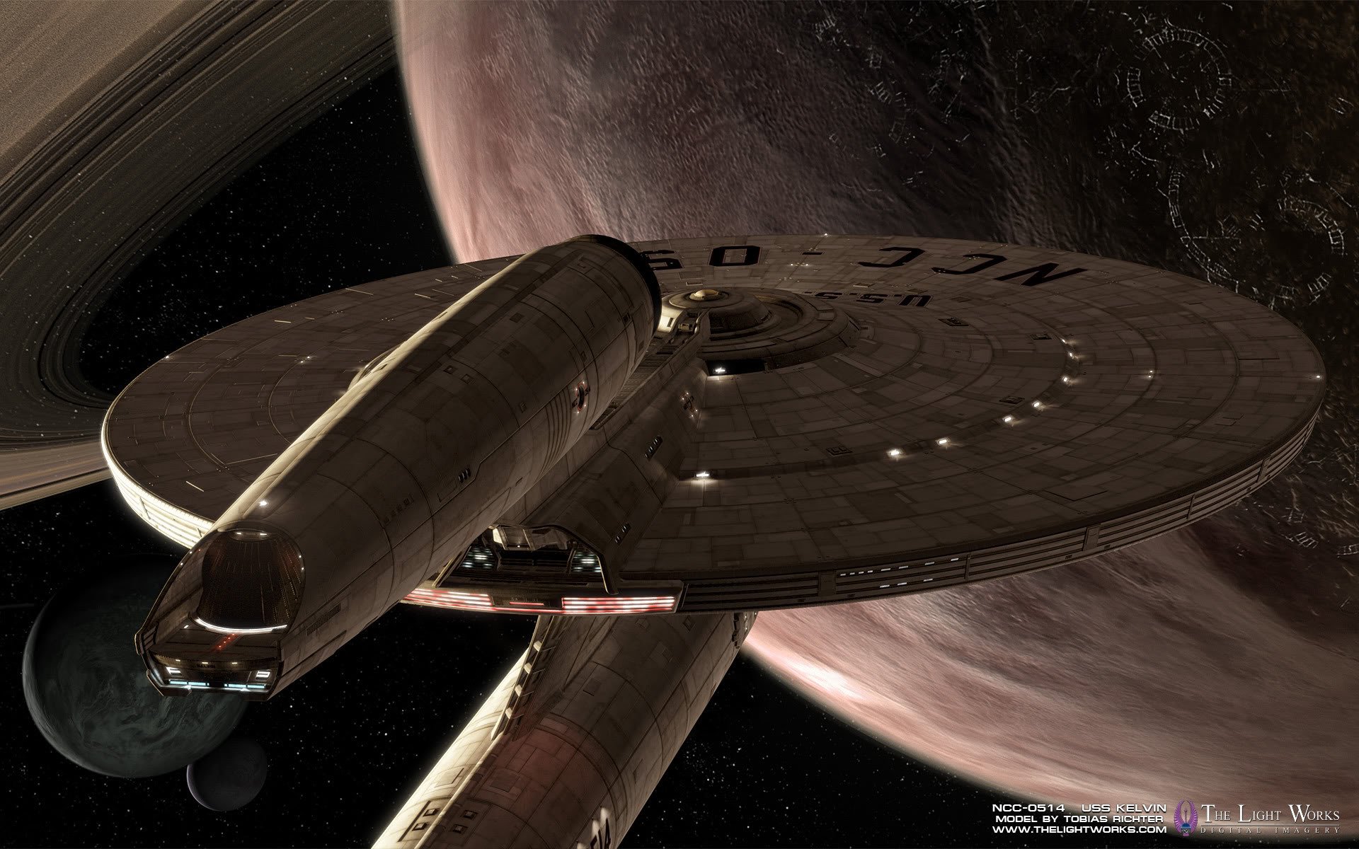 A stunning Sci-Fi desktop wallpaper featuring a Star Trek starship, soaring through space in front of a massive planet and ring system, showcasing vibrant cosmic details.