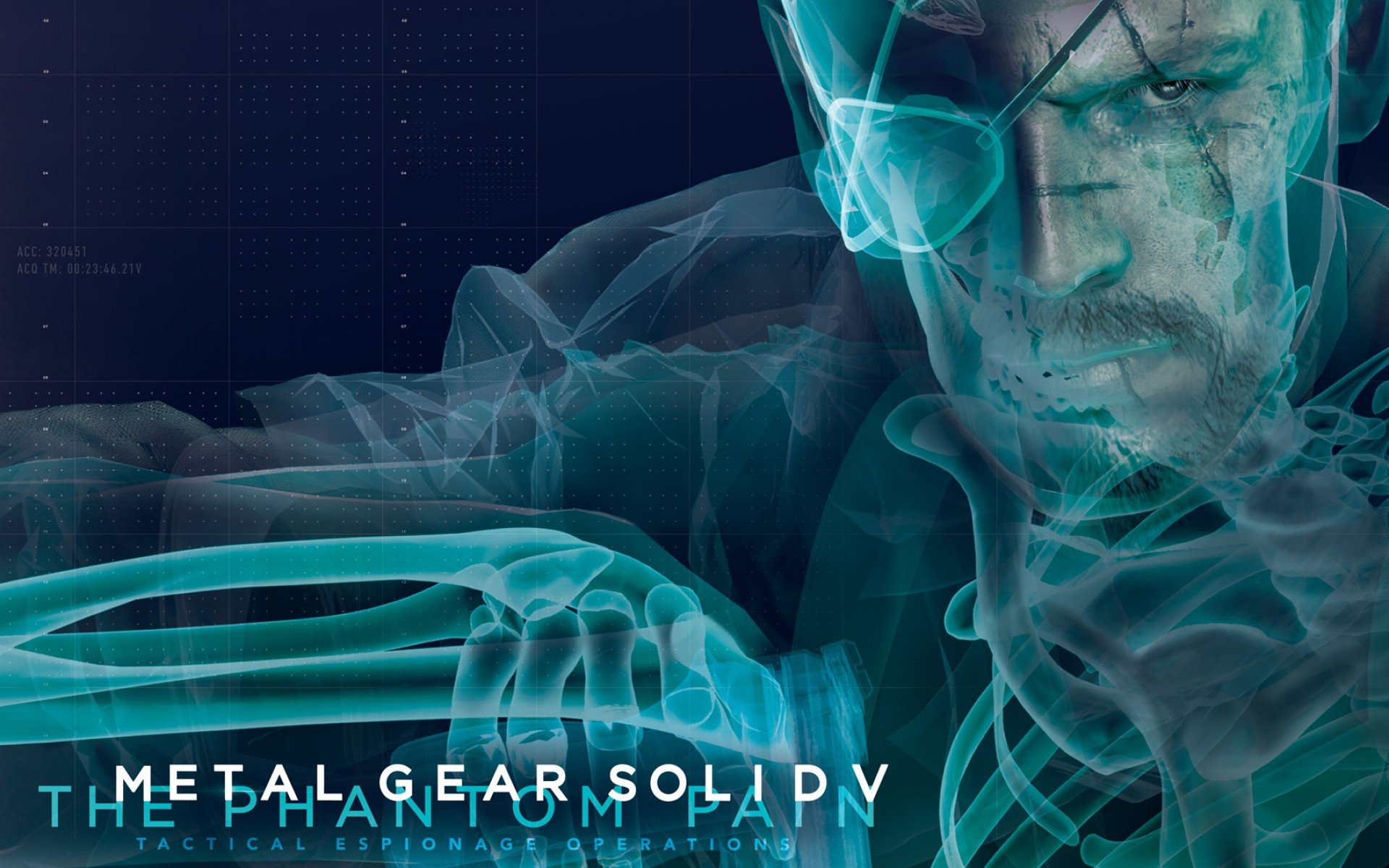 HD PC desktop wallpaper featuring a stylized, translucent image of a character from the video game Metal Gear Solid V: The Phantom Pain.